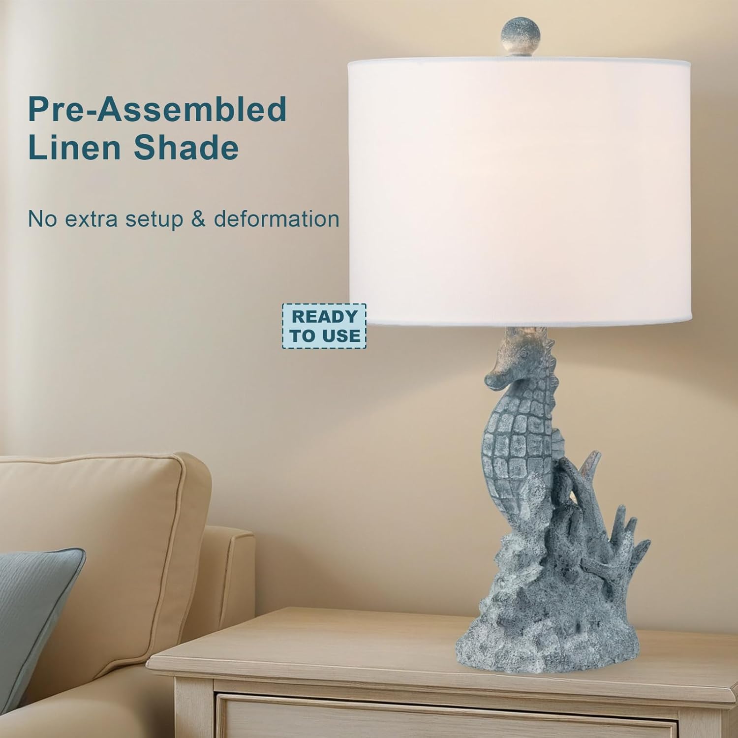Crestview Collection Coastal Table Lamp, 21" Light Blue Resin Seahorse Lamp with Linen Shade, Ocean Nautical Home Decor for Nightstands or End Table, Beach Style Lamp for Bedroom,Living Room,Hallway