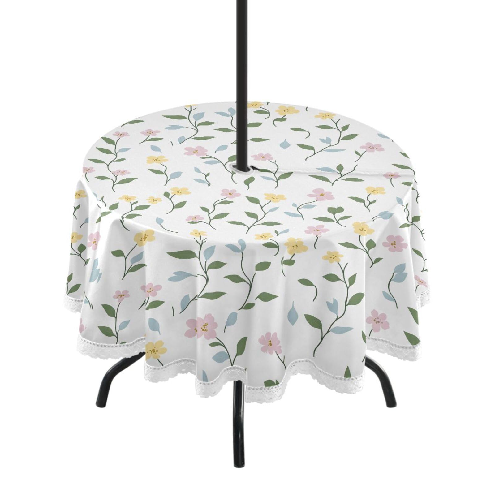 Waassud Flowering Branches Outdoor Tablecloth with Umbrella Hole Round Table Cloths 60 Inch with Zipper Spillproof Tablecloth with Parasol Hole