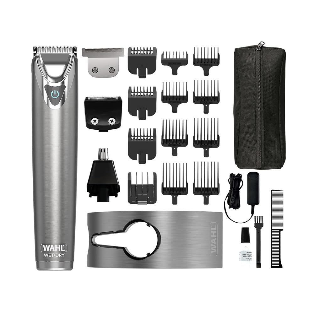 Wahl Washable Stainless Steel Multigroomer, tondeuse à barbe et cheveux pour hommes, tondeuse à domicile, tondeuse nez-​oreilles, set de toilettage pour hommes, entièrement lavable, sans fil