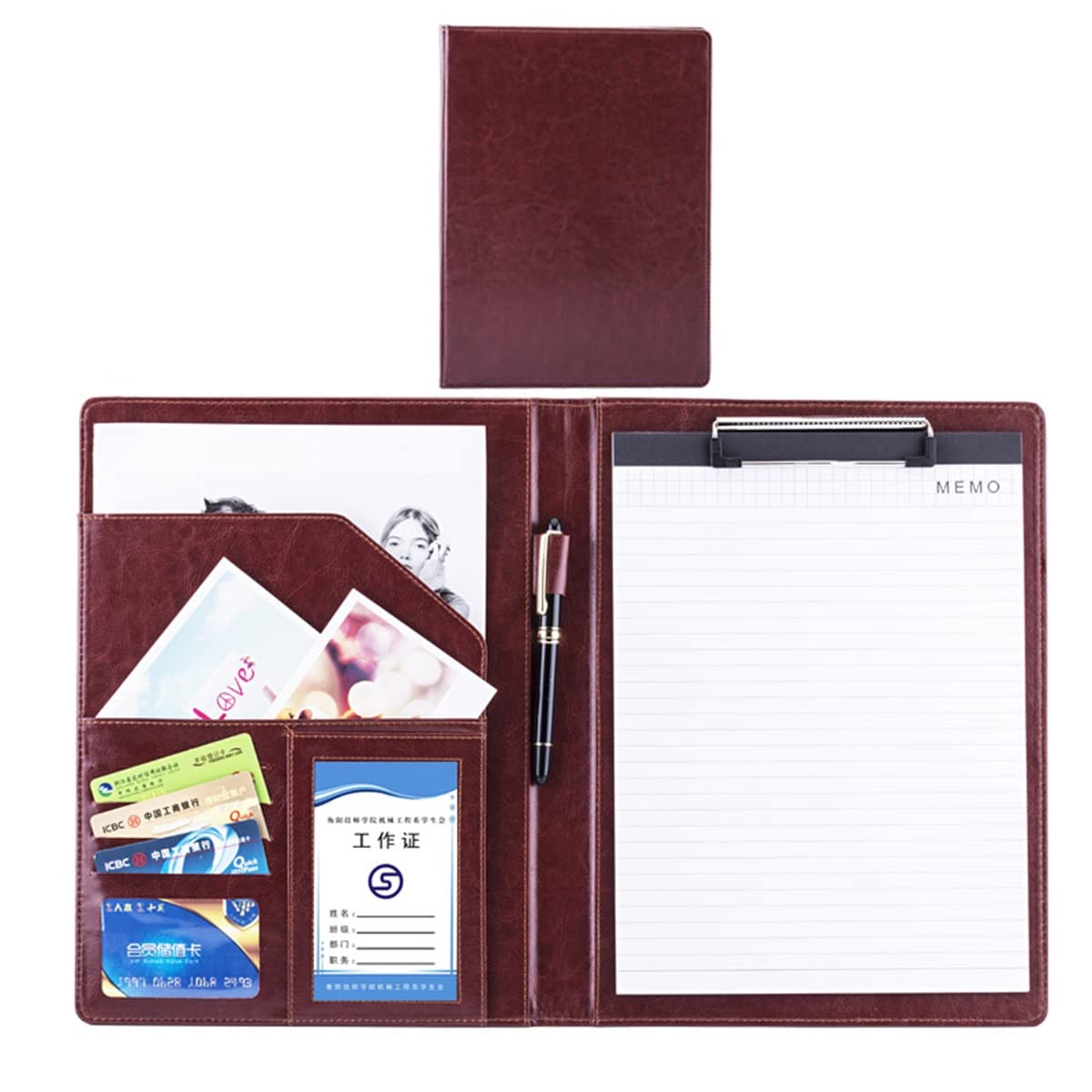 Teczka konferencyjna Organizer na dokumenty， Teczka A4 z schowkiem i miejscem do przechowywania, teczka z schowkiem ze sztucznej skóry(Dark Brown,Without calculator)