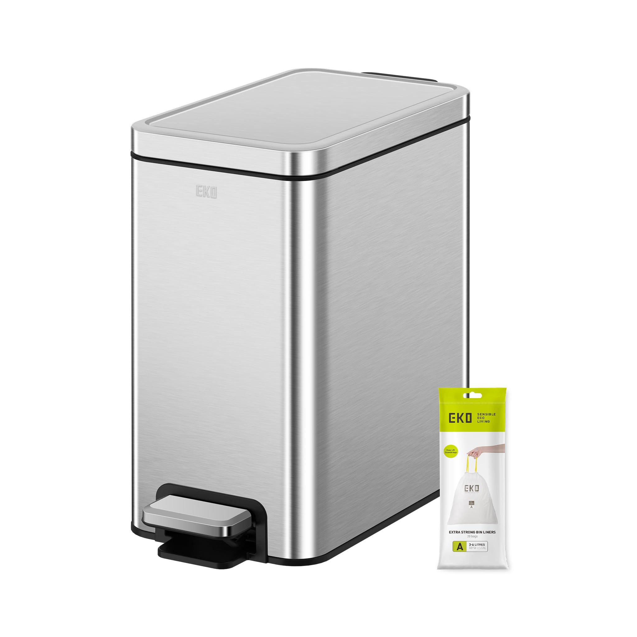 EKO 6 Liter Stella Slim Step Mülleimer, Fingerabdruckresistenter Edelstahl Treteimer mit herausnehmbarem Inneneinsatz (Silber) | Edelstahl, herausnehmbarer Inneneimer, resistent gegen Fingerabdrücke, Geruchskontrolle, ideal für Zuhause, Küche