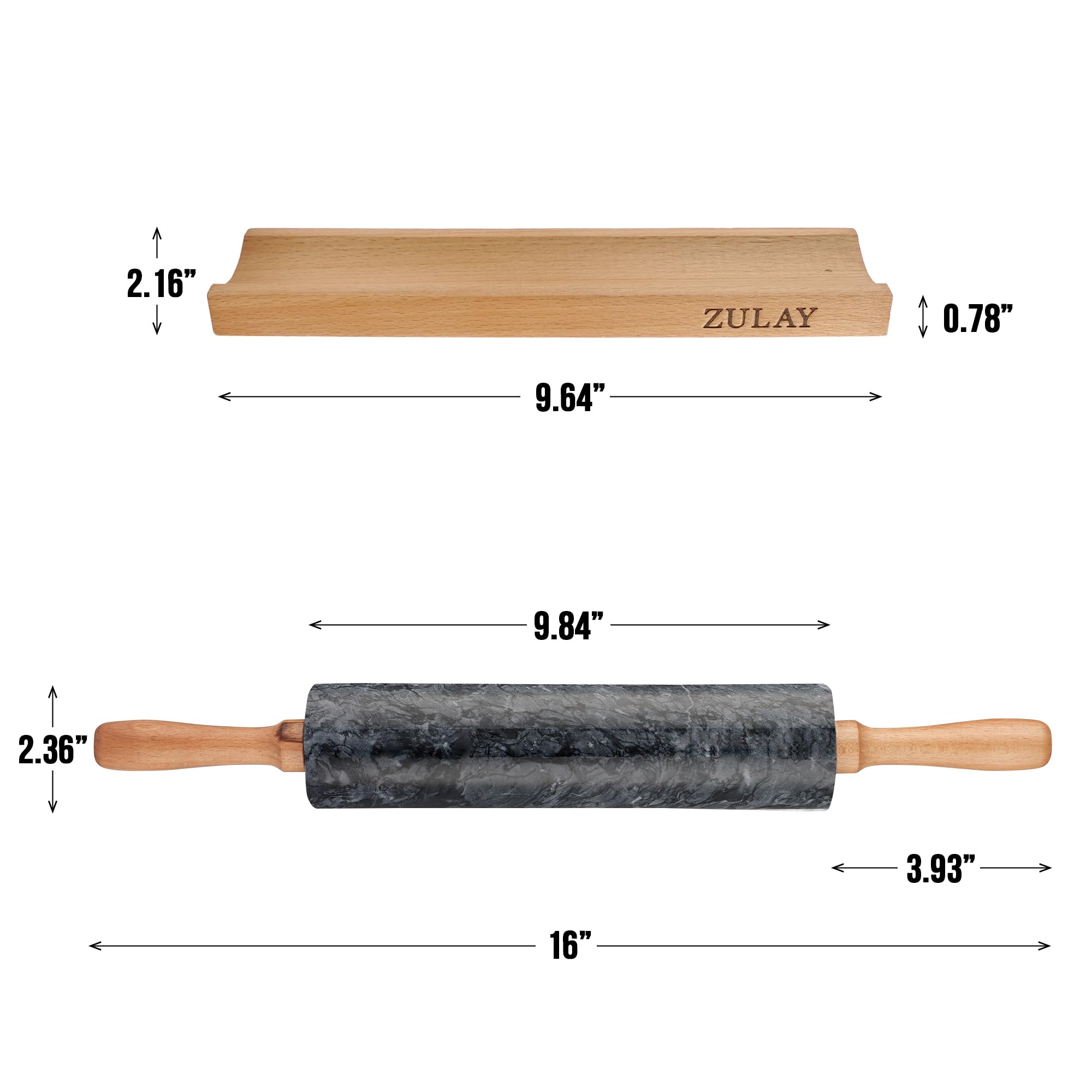 Zulay Kitchen Rodillo de mármol de 17 pulgadas con soporte, rodillos de mármol pulido para hornear, rodillo largo con mango de madera de haya, rodillo antiadherente para hornear pasteles, pan y pizza