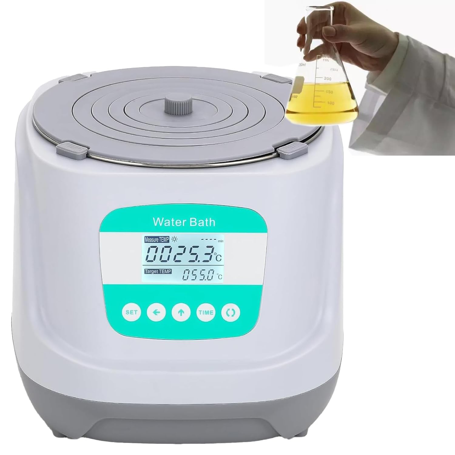 Laboratoryjna kąpiel wodna, mieszadło magnetyczne, grzejnik termostatyczny 90°C, wkładka ze stali nierdzewnej 2,4 l, regulowana osłona, funkcja wypalania na sucho, do laboratorium, centrum badawczego