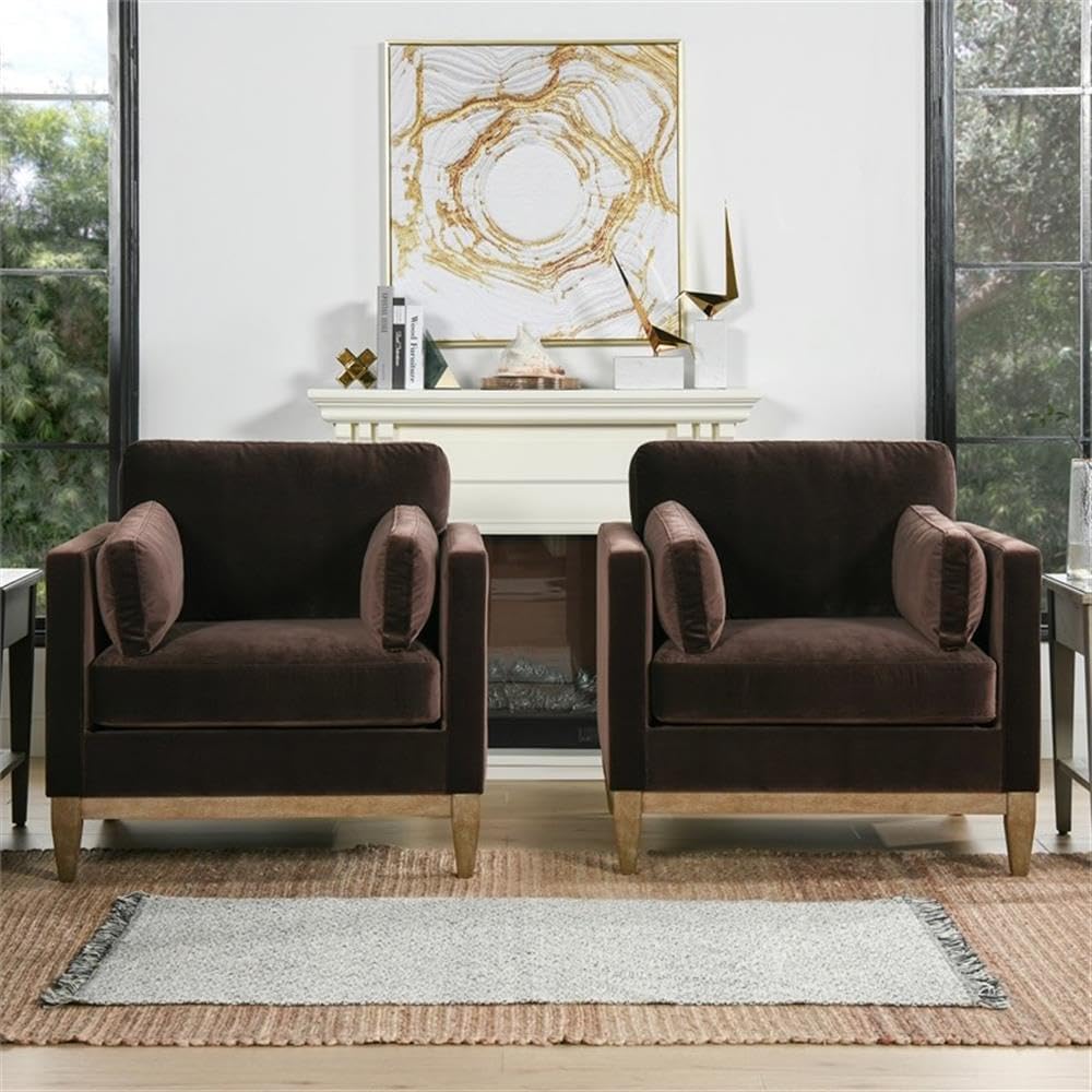 Pemberly Row 36" Modern Farmhouse Arm Chair, Deep Brown Performance Velvet Upholstery, Solid Birchwood Frame, Removable Cushions, Comfortable Accent Chair for Living Room or Lounge Spaces