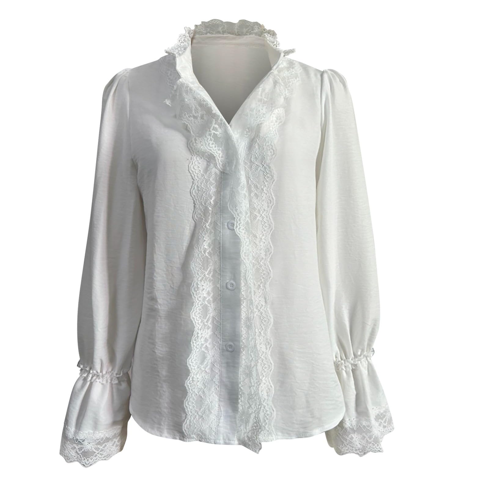 T-shirt blanc élégant en dentelle pour femme - T-shirt en coton à manches longues élégante avec col en V et dentelle - Modèle avec inserts