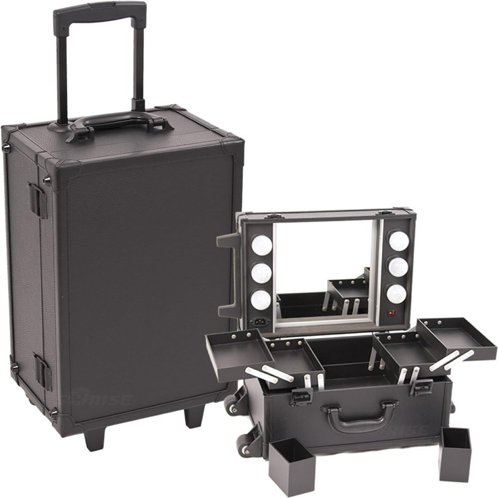 Sunrise All Black Leather-Like Professional Rolling Makeup Studio Case With Lights & Mirror - C6201