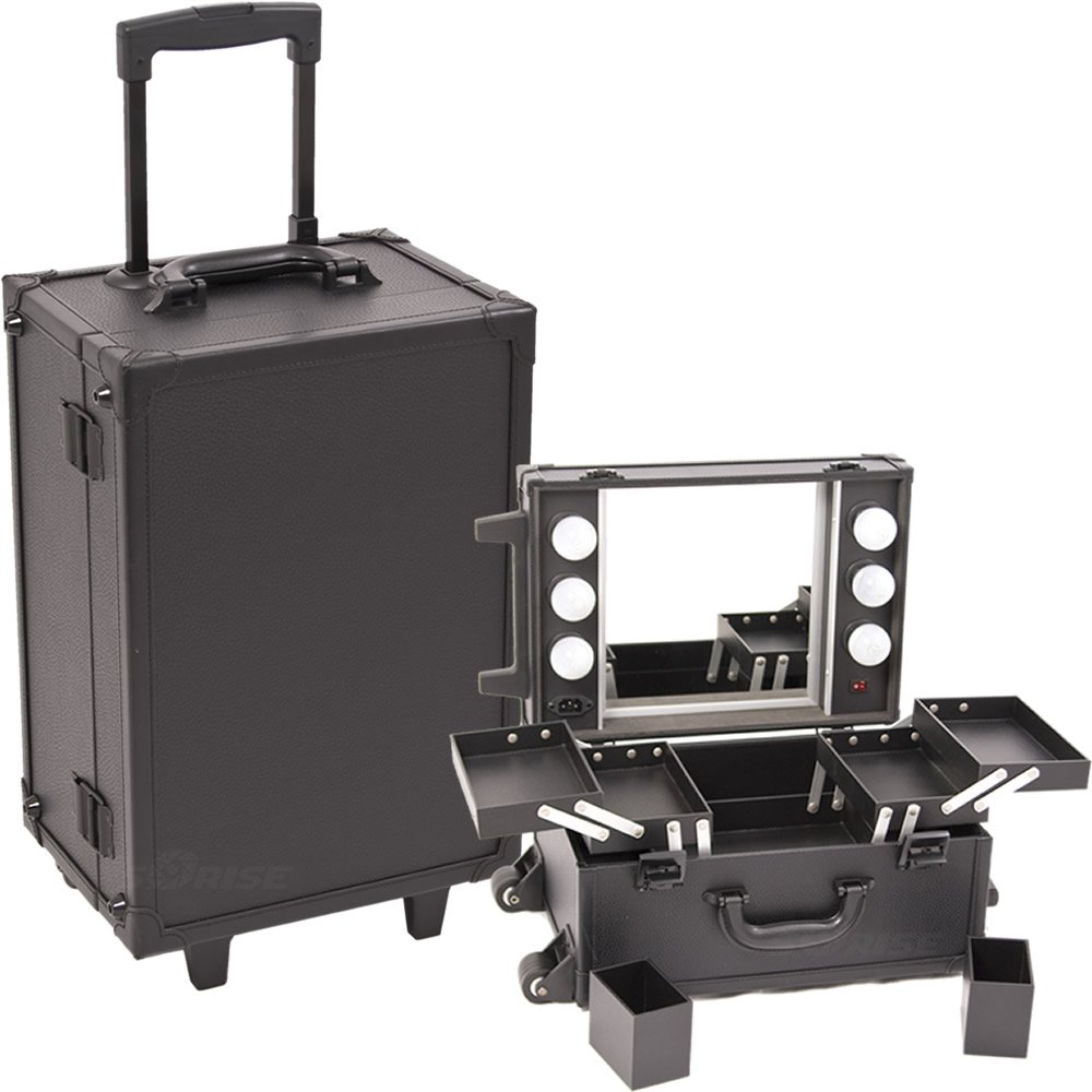 Sunrise All Black Leather - Like Professional Rolling Makeup Studio Case Organizer with Telescoping Handle, Lights And Mirror