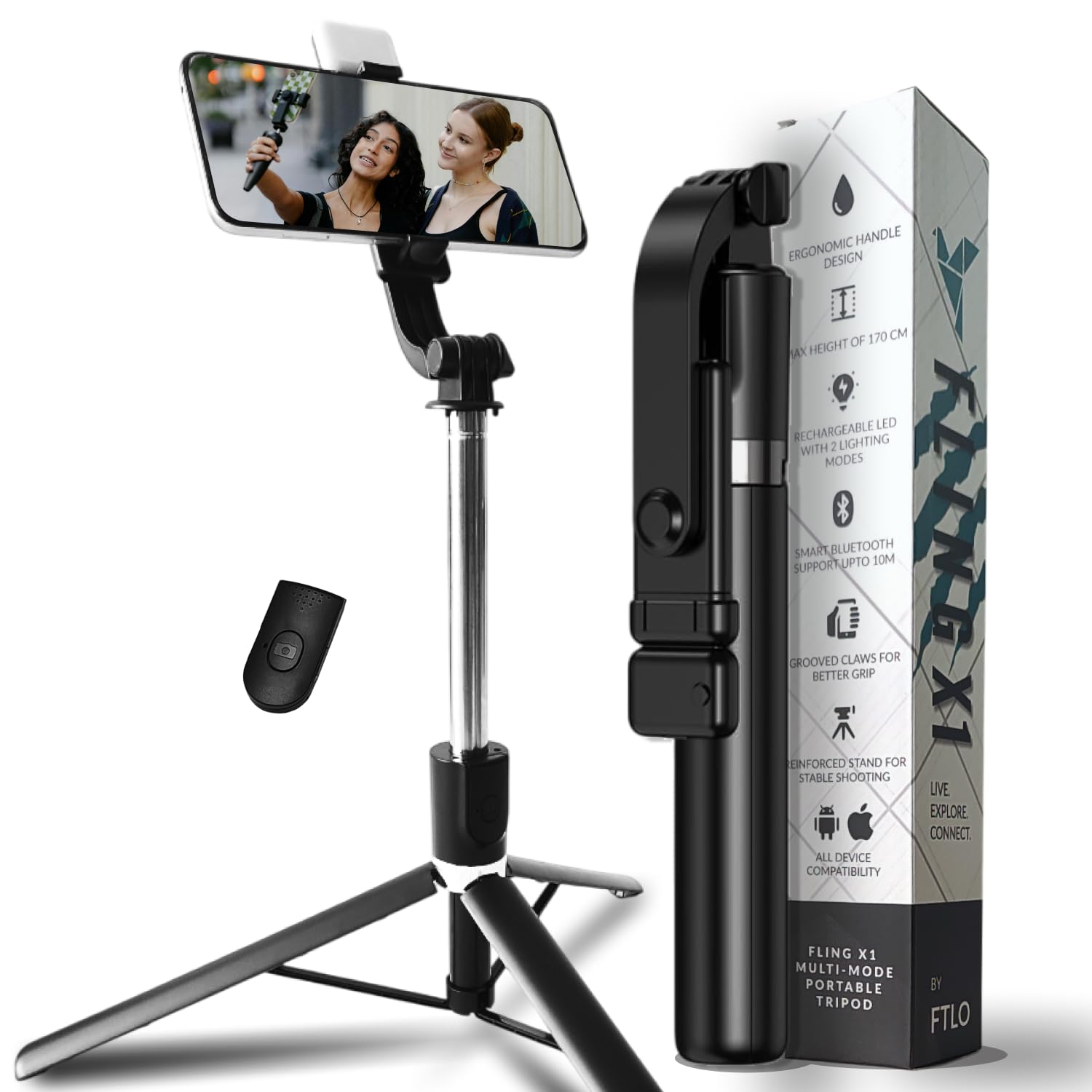 Fling by Ftlo X1 Sleek N Long Selfie Stick Tripod for Mobile Phone | LED Fill Light | 67 Inch / 5 ft 7" Stand | Bluetooth Remote | Photo Video Vlogging Travel | GoPro, Android, Iphone Compatible