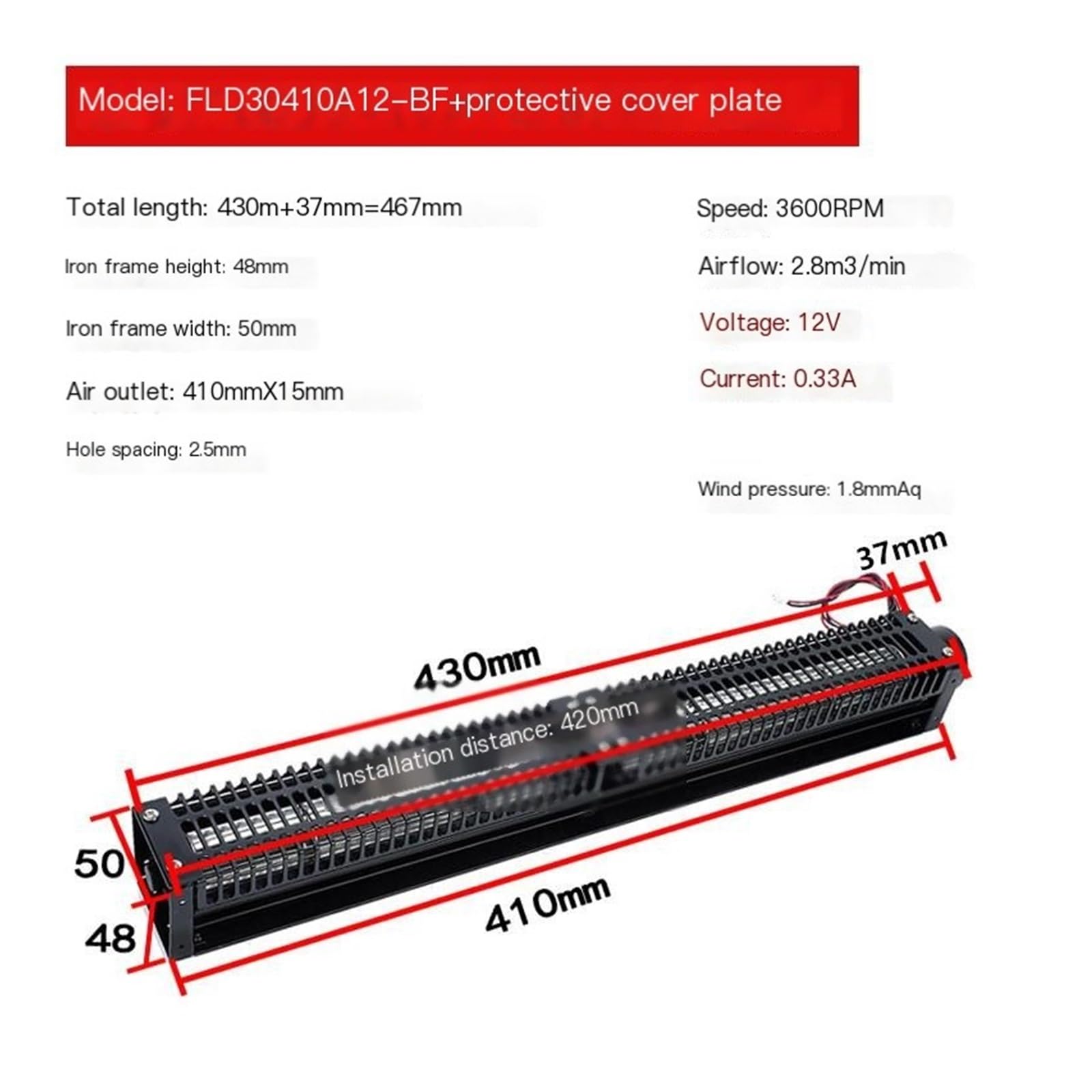 Ventilador de flujo cruzado, ventilador tangencial 30410 Motor derecho | Soplador de flujo cruzado de refrigeración de 30 mm de diámetro y 410 mm de longitud(FLD30410A12-BF DC12V)