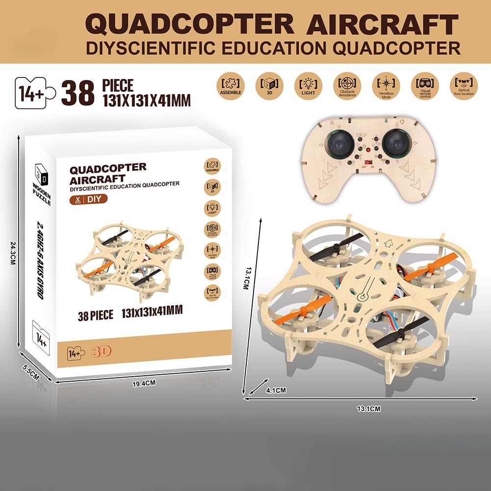Droni quadrirotori in legno fai da te con luci LED luminose, controllo acrobazie a 360°, kit modello di istruzione scientifica scolastica MQ-56