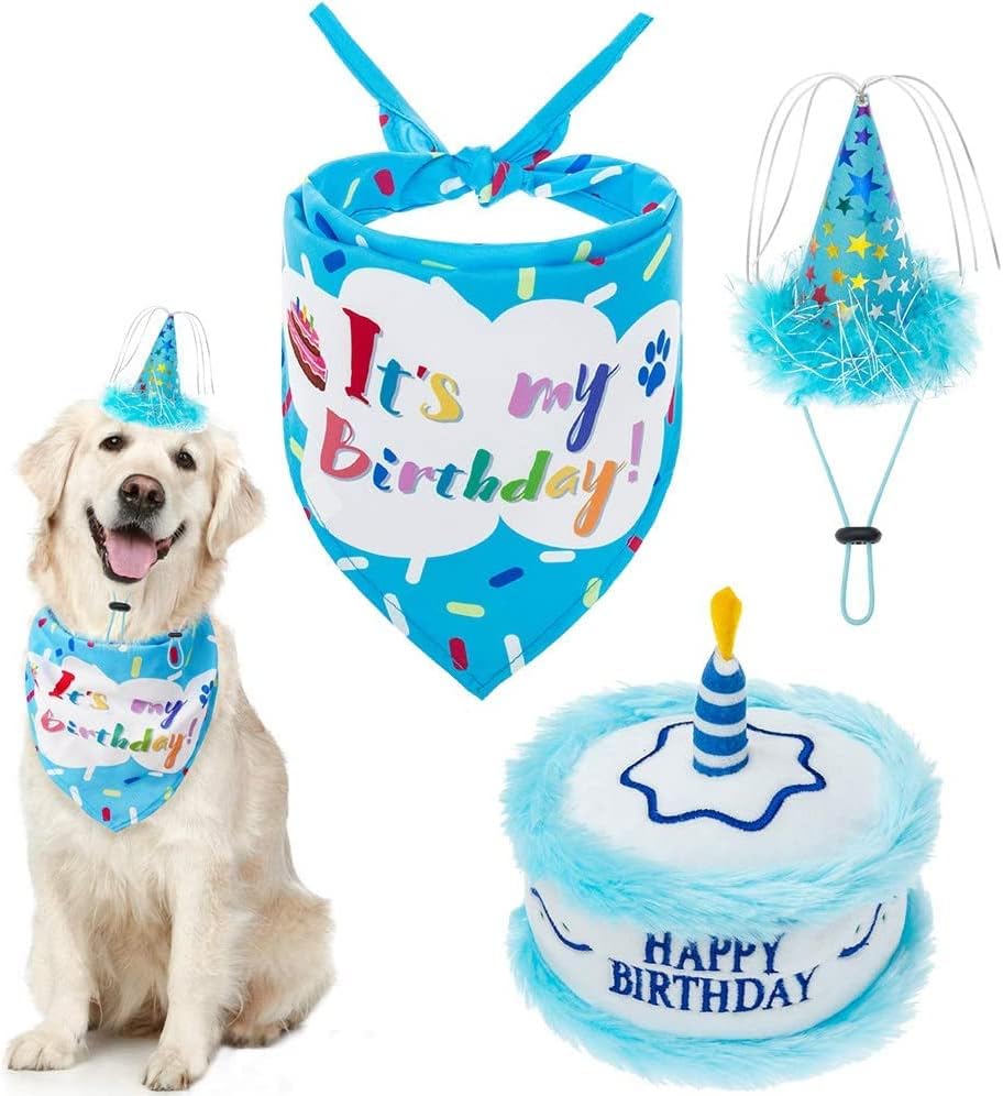 EXPAWLORER Dog Birthday Bandana Set - Cute Hat and Squeaky Cake Toy for Birthday Party Supplies Gift - Great for Small Medium Large Dogs