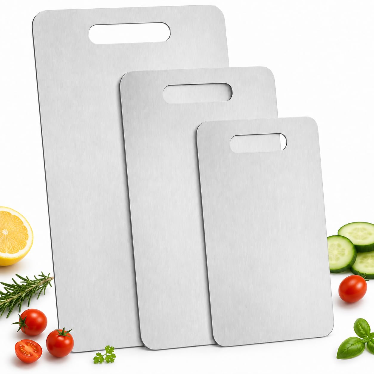 Stainless Steel Cutting Board Set of 3, Thin Metal Chopping Boards with Handle, Double Sided Kitchen Cutting Mats for Meat, Fish, Fruits & Vegetables, Home Camping BBQ
