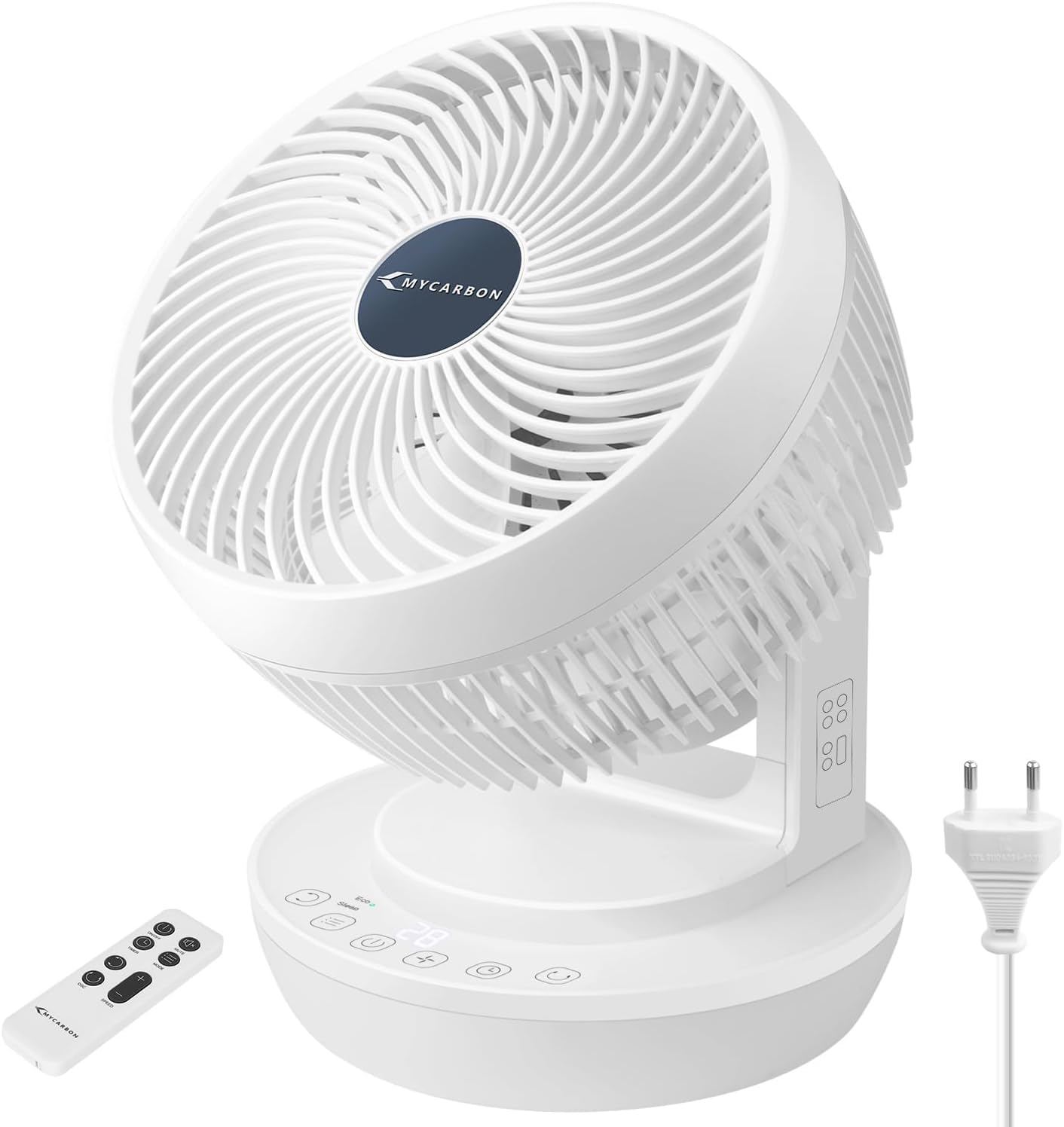 MYCARBON Ventilateur Silencieux avec Télécommande 1800m³/h ECO Mode 3D Oscillation 4 Vitesses Minuterie 12h Turbo Ventilateur de Table à Circulation d'Air pour Bureau Chambre 30m², Blanc
