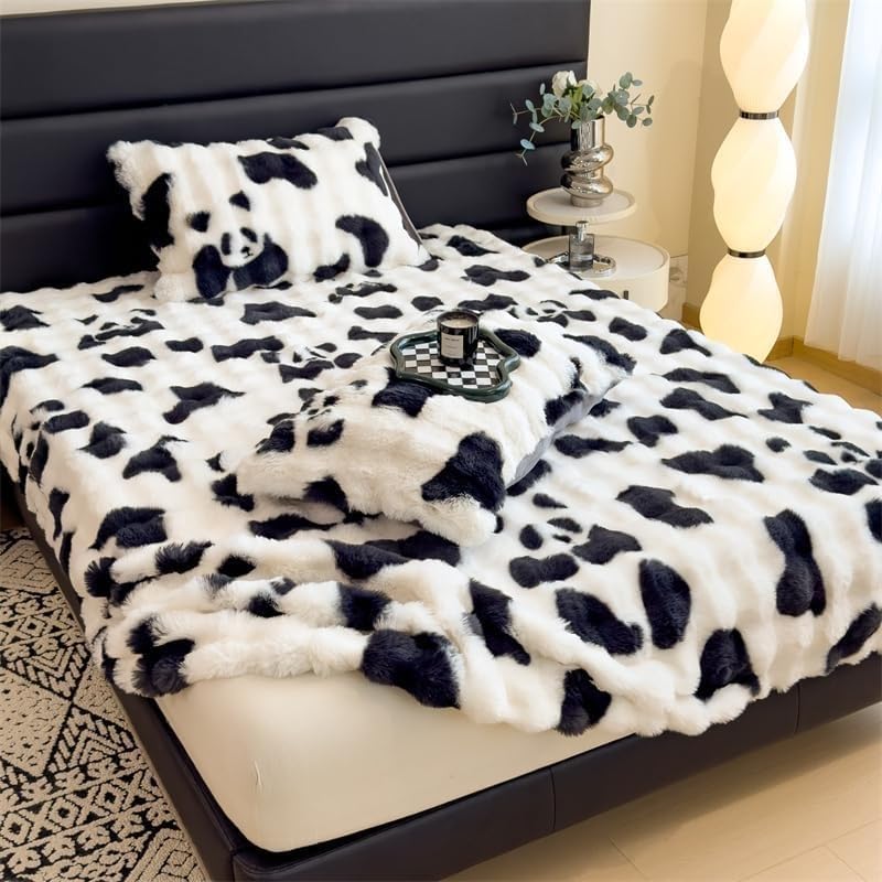 Fitted Sheet Full, Fluffy Thickened Fitted Sheet，Flannel Warm Tie Dyed Mattress Cover, with 11" Deep Pocket, No Pillowcases(Panda,King70 x78)