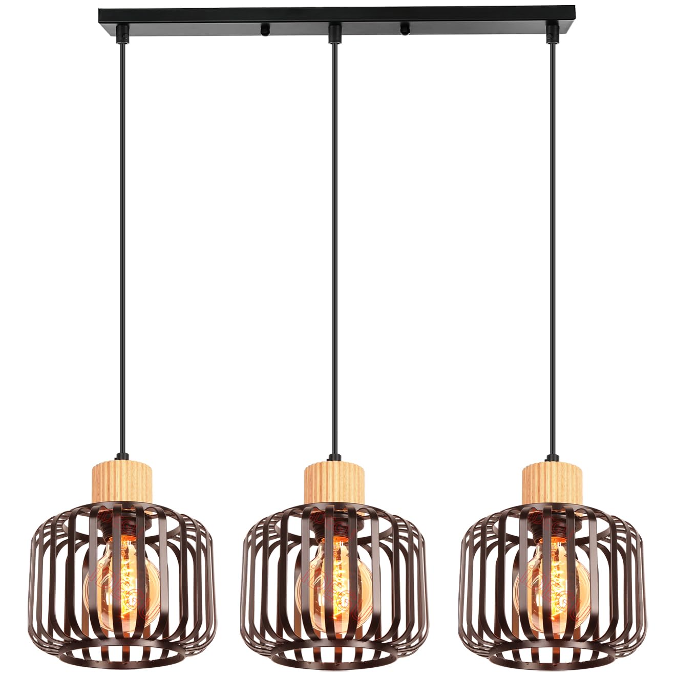 iDEGU 3 Luces Lámpara Colgante Vintage Lámpara de Techo en Madera y Metal Industrial Araña Colgante Diseño Jaula E27 Iluminación de Techo para Cocina Comedor Sala de Estar Restaurante (Barra, Negro)