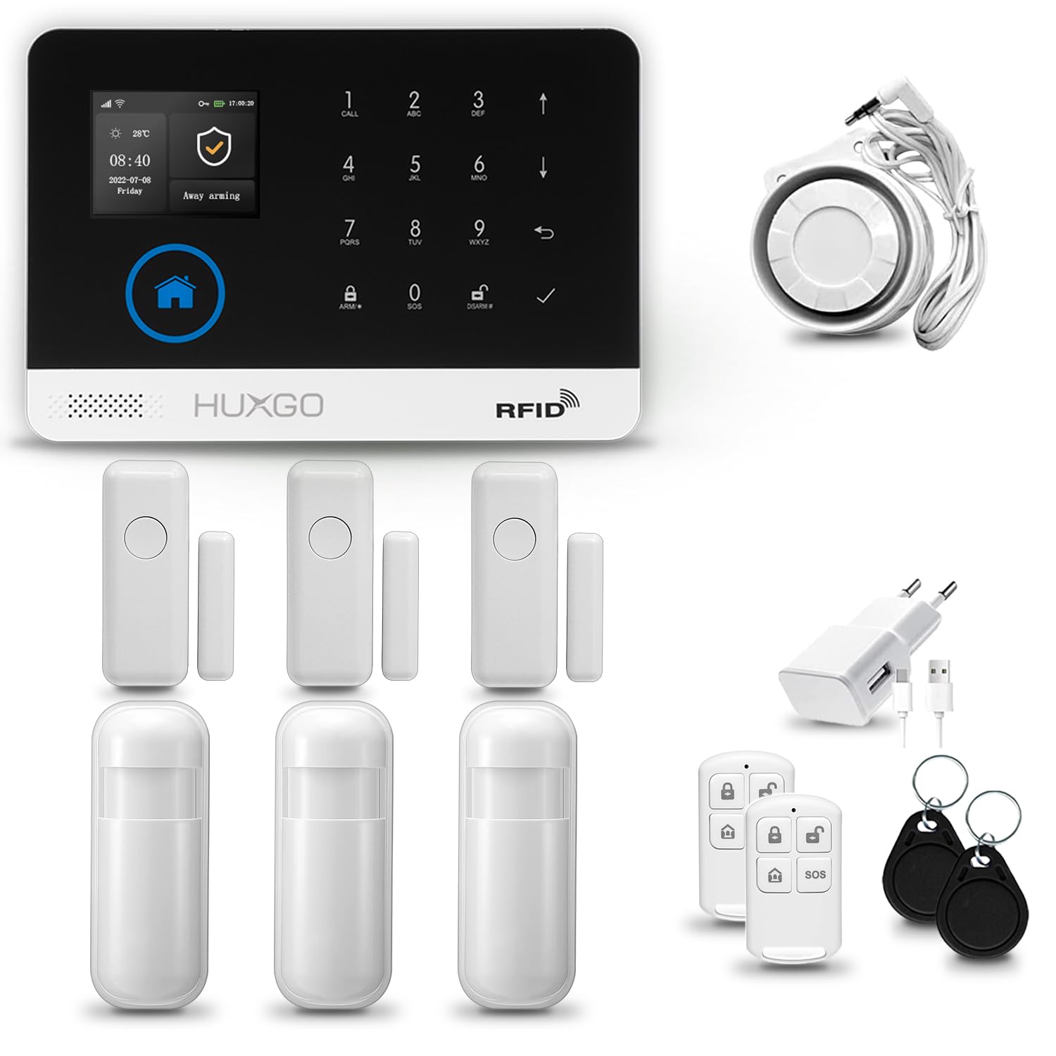 HXA003 Alarma casa con Sirena WiFi + gsm 4G | Kit Alarma casa con 3X sensores PIR de Movimiento, 3X sensores de Puerta/Ventana | Tuya App.con Aviso a movil