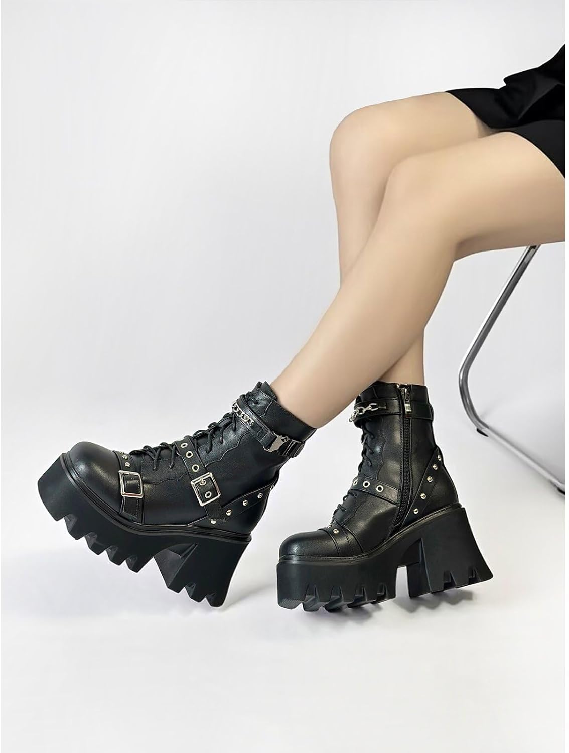 MEOTINA Goth Platform Boots Lace Buckle Gothic Cosplay Booties Chunky High Heels Ankle Boots Zipper Punk Shoes - Image 2