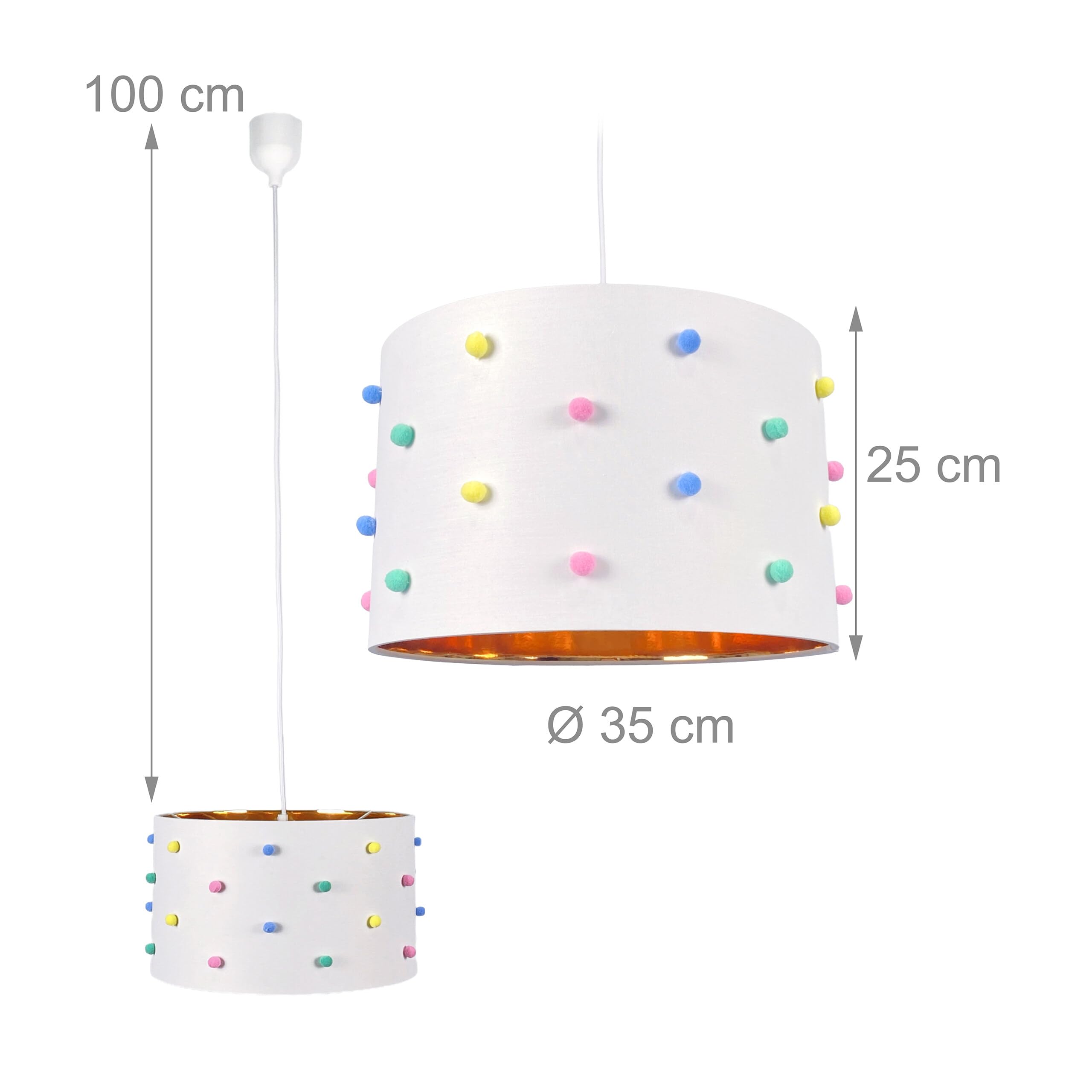 Relaxdays Lampada a Sospensione per cameretta, Pompon, HxD: 125 x 35 cm, Bambini, Bianca/Multicolore
