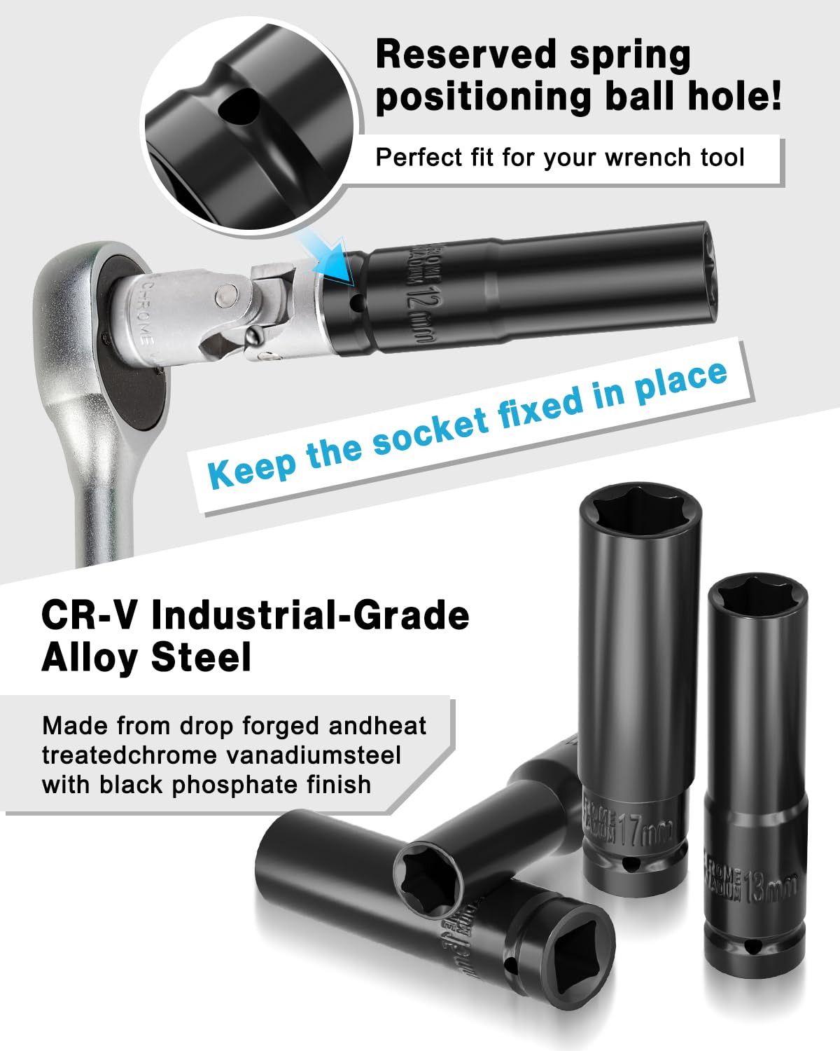 Lytool 10 Pieces 1/2" Drive Deep Impact Socket Set, Metric,Cr-V Steel, 6-Point, 8mm to 17mm, with Storage Cage 2