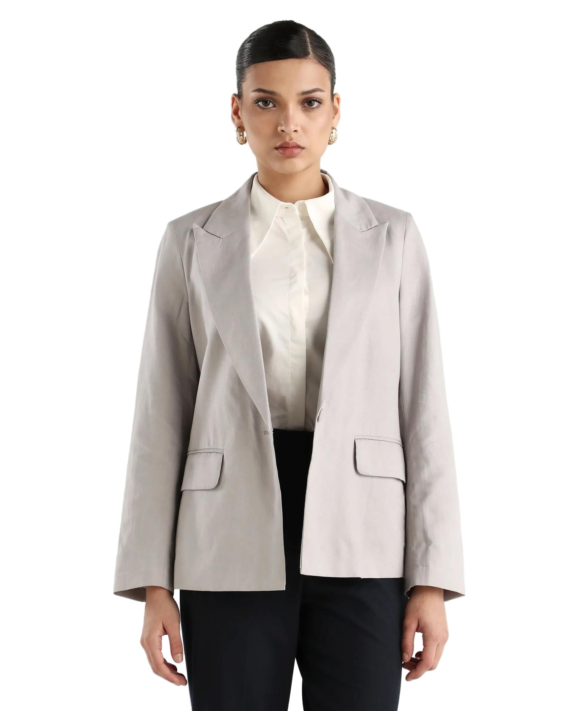 rareism Regular Fit Solid Grey Linen Notch Lapel Long Sleeve Blazer-picture-16