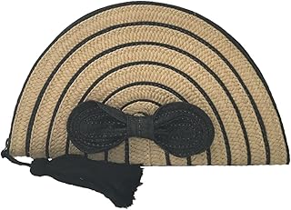 Fashion Culture Abby Woven Straw Half Moon Striped Clutch w Tassle, Natural Black