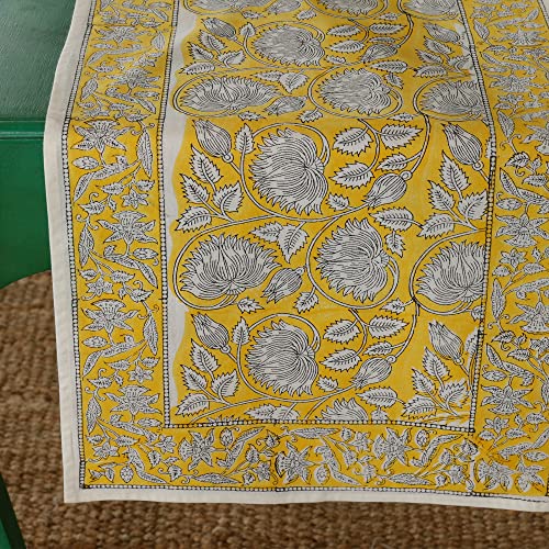 Image of Ravaiyaa - Attitude is everything Cotton Hand Block Printed Table Runner Bed Runner Table Bed Decor (Yellow White Floral)