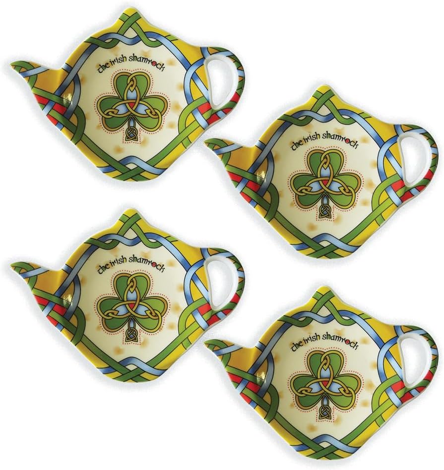 Ceramic Set Tea Bag Holders Kitchenware Present Teabag Plate, Coasters, Resting Caddy Celtic Colors Irish Symbol Housewarming Gift 4" Diameter