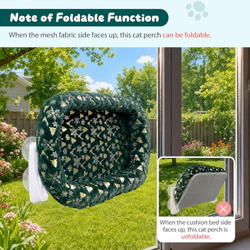 Image of L&W BROS. 2-Pack Foldable Cat Window Perches with Christmas Cushion Bed Easy to Assemble Cats Hammock for Window, Warm Indoor Cat Beds for Large Cats, Edition(M Green)