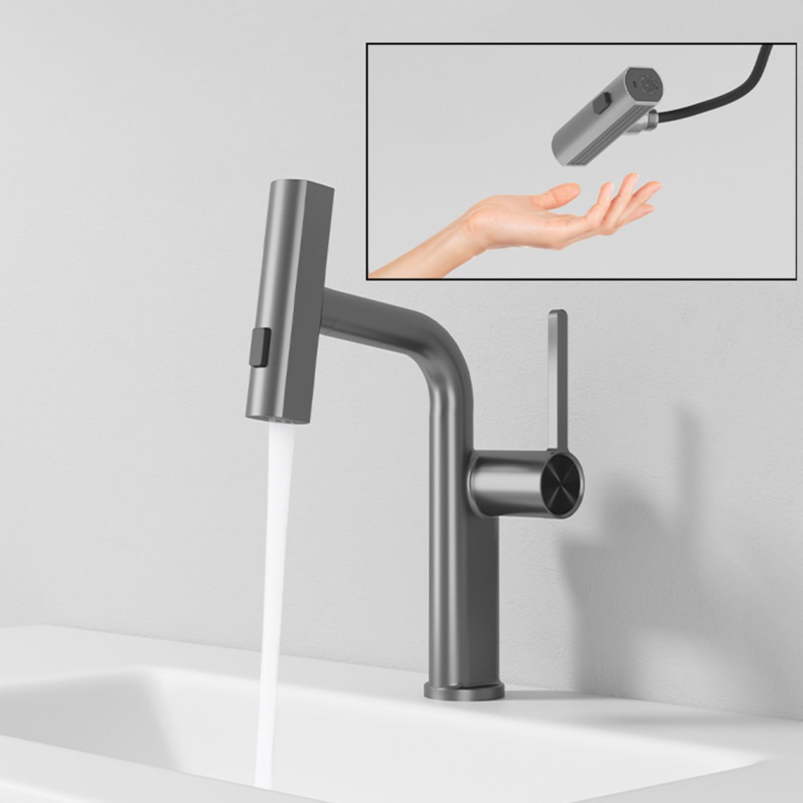 Generico Rubinetto da Bagno Rubinetto per Lavabo Cascata Estraibile Miscelatore per Lavabo A 2 modalità Miscelatore Monocomando per Lavabo Grigio Canna di Fucile