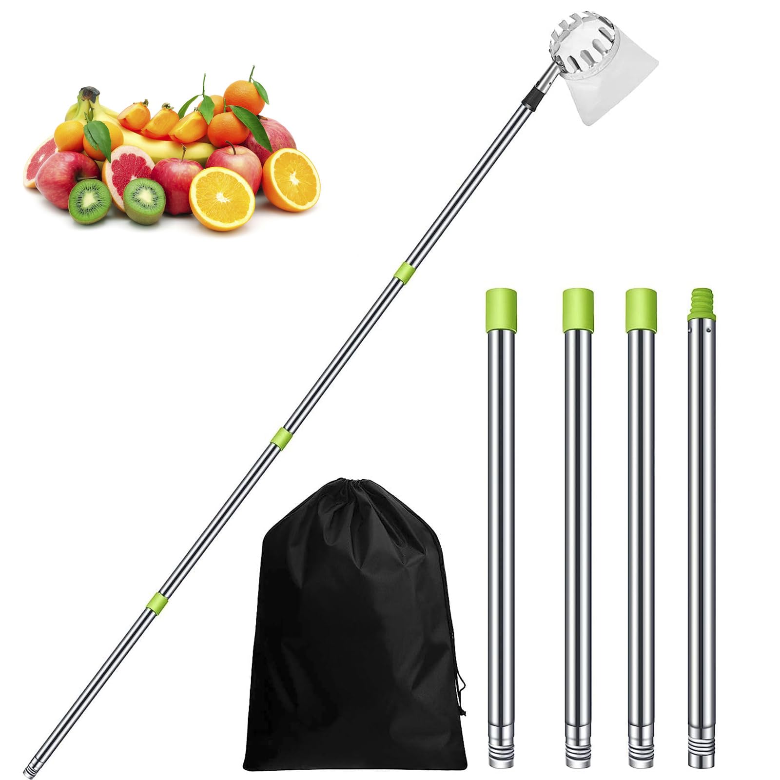 Raccogli Frutta, Raccoglitore Frutta con Asta in Prolunga in Acciaio Inossidabile, Strumento per Raccogliere Frutta Leggera per Raccolta Frutta Mela Pera Limone Arancia Etc,1.6M/5.2FT