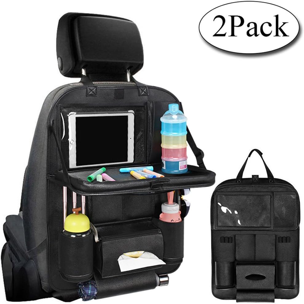 AresKo Back Seat Organiser, Car Seat Back Organizer for Kids with Foldable Car Dining Table Touch Screen iPad Tablet Holder Bottles Holder Multi-Pocket Travel Storage Bag, 2 Pack