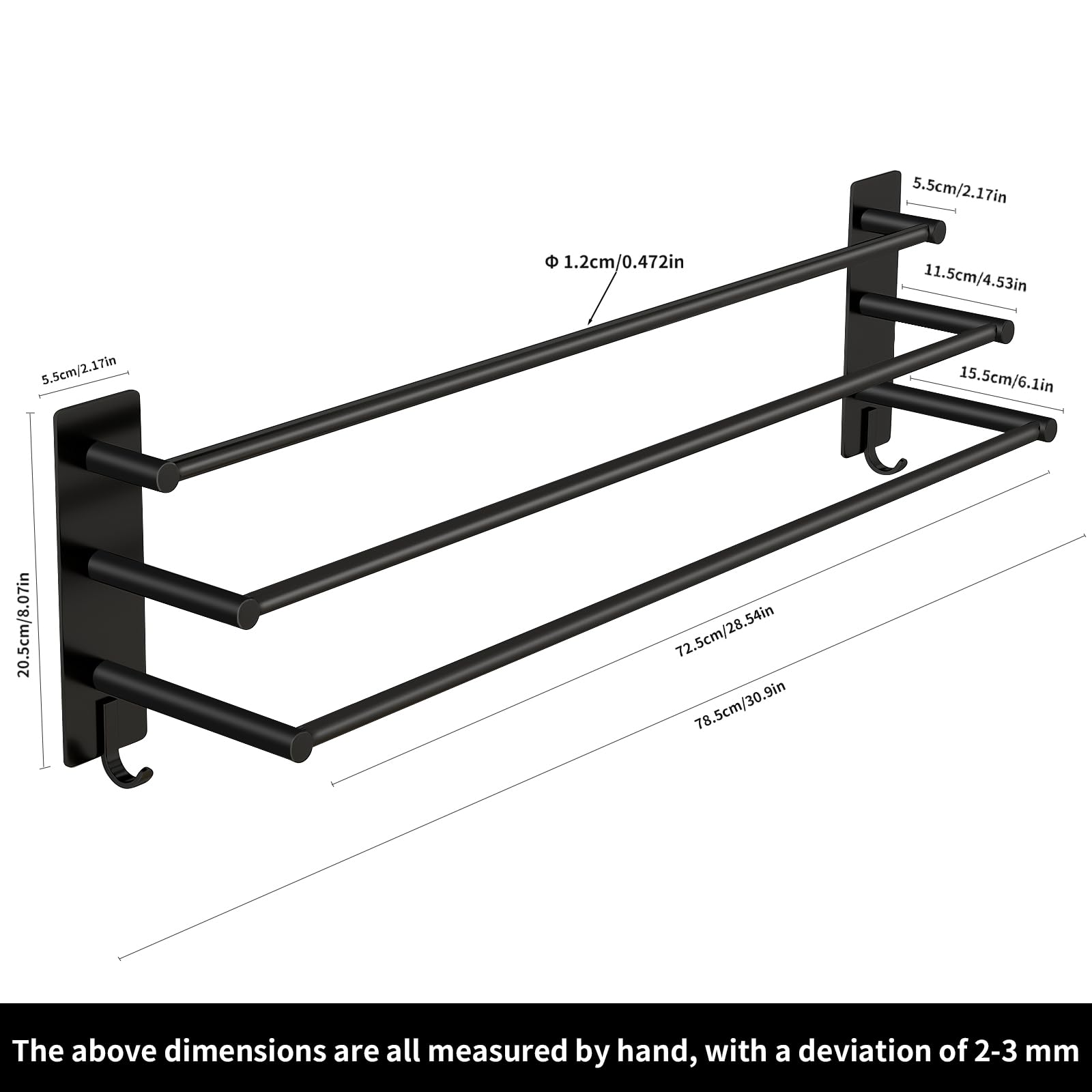 Vista Toallero sin taladrar, 3 niveles, 75 cm, acero inoxidable, autoadhesivo, toallero de pared, para dormitorio, cocina, salón, negro