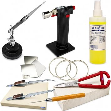Jewelry Soldering Kit with Butane Torch, Silver Solder Wire & Sheets, Ceramic Board, Magnesia Block, Flux, Tweezers, Third Hand, Pick and Shear for Jewelry Repair