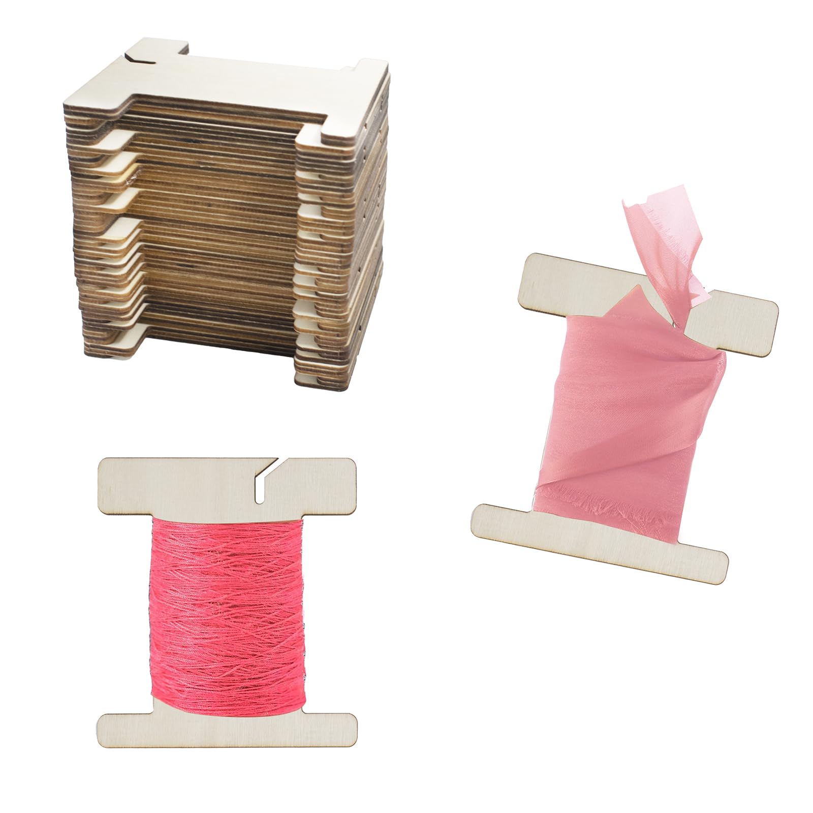 50 PCS Ribbon Storage Organizer, Empty Wooden Flat Spool Bobbin Sewing Thread for Embroidery Floss Cross Stitch Cotton Twine Organization, 4.33 x 3.15 Inch