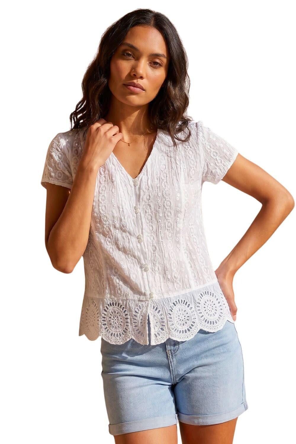 Roman Women's Cotton Embroidered V-Neck Crinkle Blouse in White | Size: 14