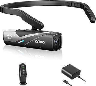 Ordro EP8 4K Camcorder 60FPS Vlog Hands Free Wearable Camera, Head-Mounted Video Camera, Wi-Fi APP Control, Auto Focus, 2-Axis Gimbal Stabilizer with Fast Charger