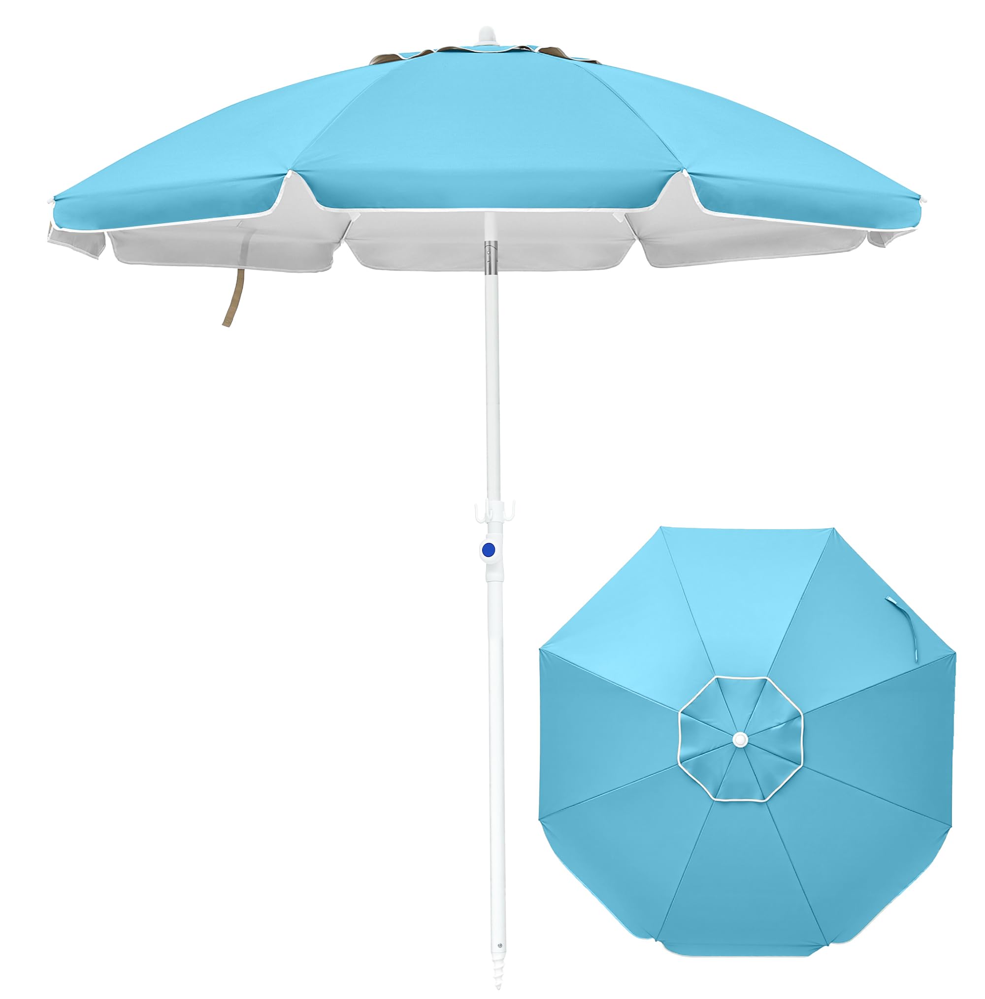 Palawano 1.8m Beach Umbrella with Sand Anchor, UPF50+ UV Protection Garden Parasol, Portable Tilt Sun Umbrella for Beach, Garden, Patio & Camping, Soft Blue