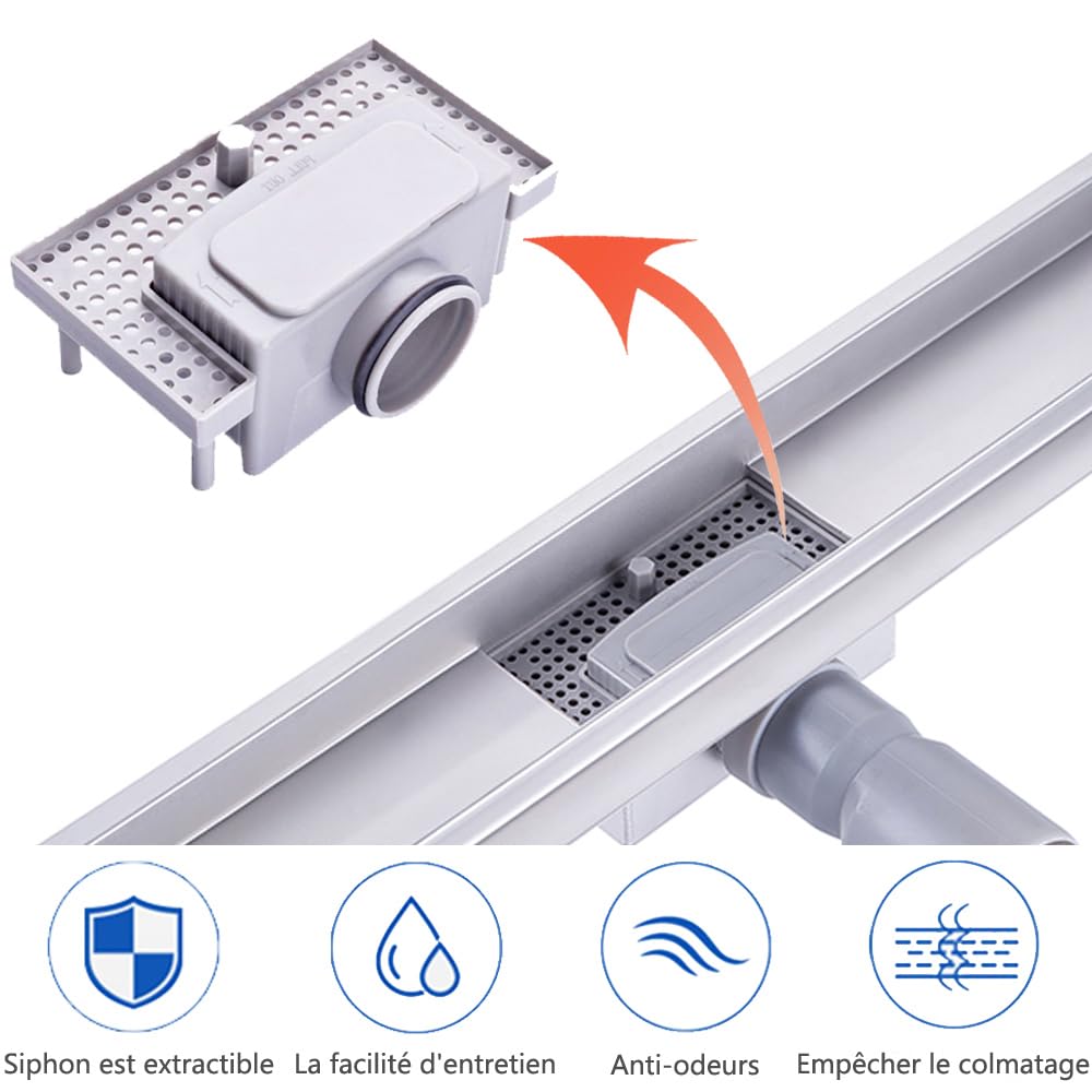 Caniveau de Douche Italienne a Carreler 60 cm Acier Inoxydable Extra Plat Siphon de Sol Douche Italienne pour Salle de Bain