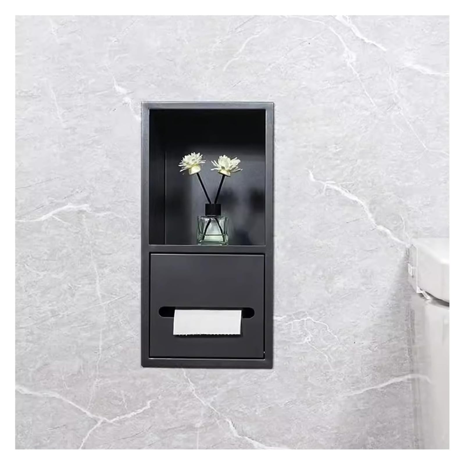 Generisch Duschablage aus Edelstahl, wasserdicht, zur Wandmontage, mit integriertem Kosmetiktuchspender, 40 x 20 x 14 cm, ideal für Bad und WC, Schwarze Ausführung