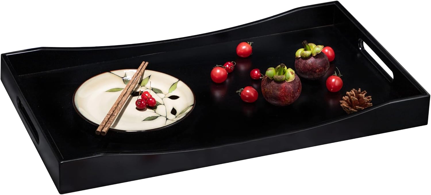 GOBAM Bamboo Extra Large Ottoman Tray, 26 x 15 inches - Wooden Tray for Dining Table & Parties, Serving Tray with Handles for Food, Cheese, Snacks, Tea, Coffee & Wine - Black