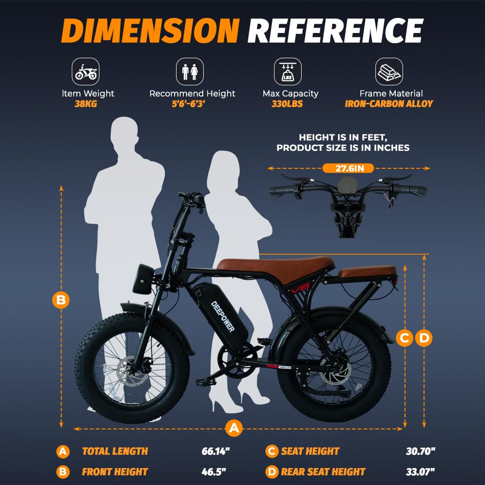 DEEPOWER V8 Electric Bicycle dimensions and weight reference