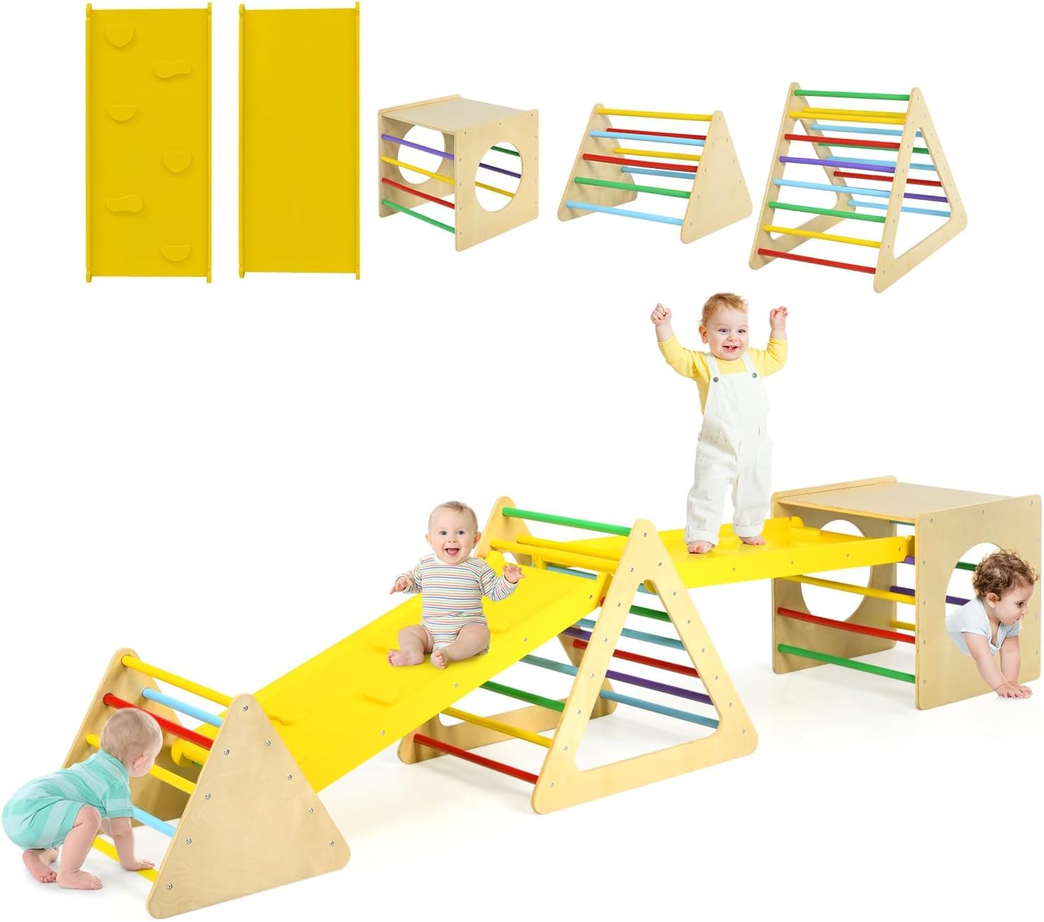 HOMASIS 5-in-1 Arrampicata Per Bambini 3+ Anni | Palestra Montessori In Legno Con Scivolo, Altalena A Dondolo E Rampa | Pieghevole E Regolabile, Portata 60 Kg