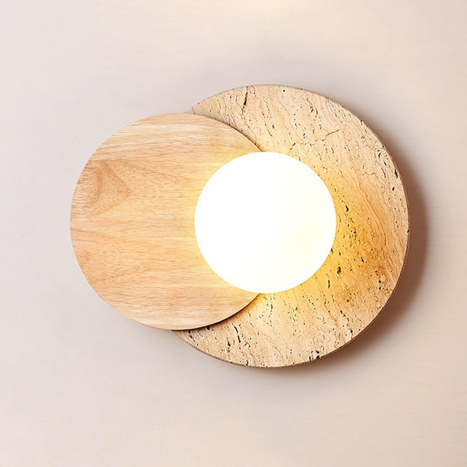 SXWNBIFH Vintage Splicing Round Wall Light Solid Wood & Natural Yellow Travertine Stone Wall Lamp with Glass Globe Lampshade, for Living Room, Bathroom & Vanity Light Fixture(Wood Color)