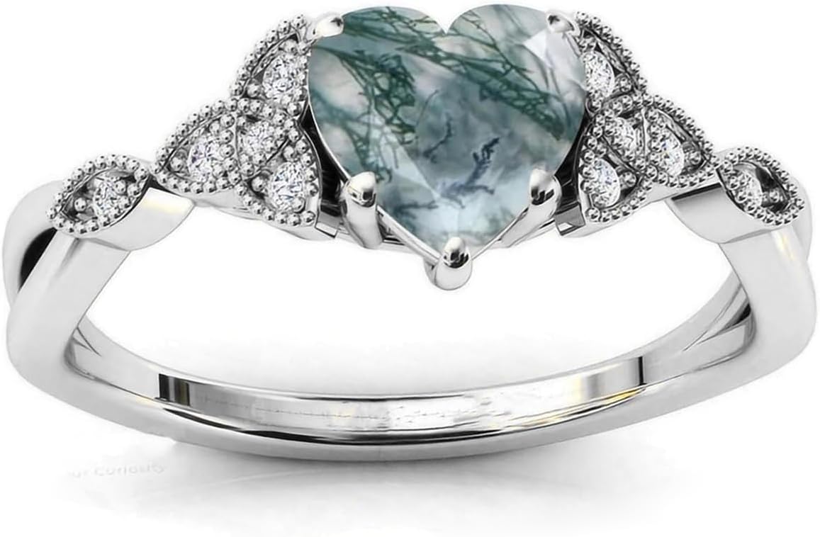 Natural Moss Agate Ring - 925 Sterling Silver Green Moss Agate Promise Ring for Women