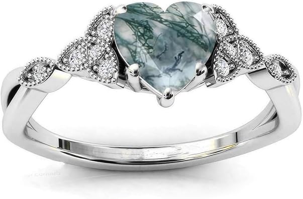 Natural Moss Agate Ring - 925 Sterling Silver Green Moss Agate Promise Ring for Women