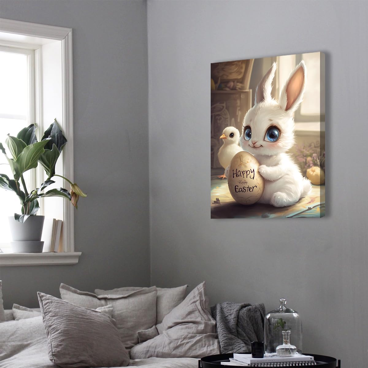 CHERHERART Wielkanocny królik płótno ilustracja ścienna jajka wielkanocne obrazy grafika uroczy plakat na płótnie do kuchni jadalnia 75 x 100 cm rama wewnętrzna