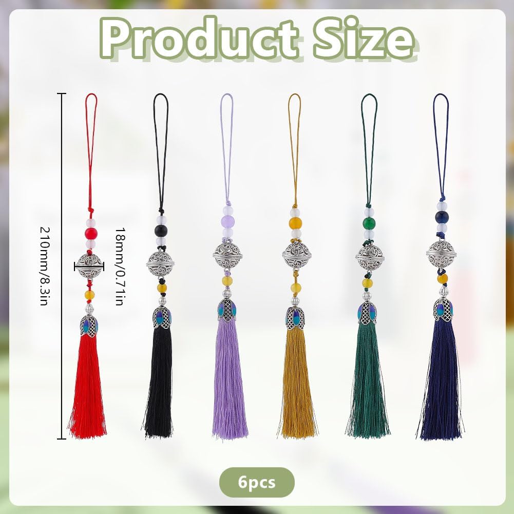 6 Colors Tassel Pendants with Bell Alloy Classic Bell Tassels Charm with Gemstone Beads Small Tassels for Decoration DIY Crafts Keychain Bag Charm Home Decor Car Interior