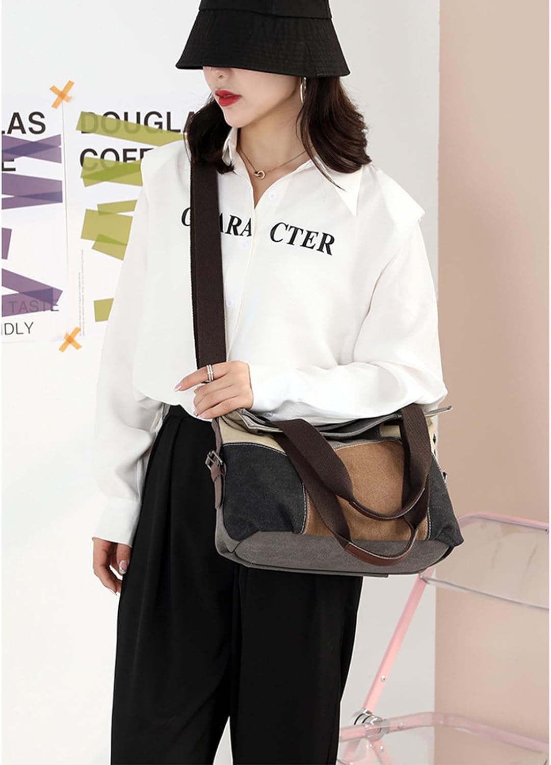 Patchwork Canvas Tote Bag for Women, Large Color-blocking Crossbody Shoulder Bag Shopping Bag - Image 8