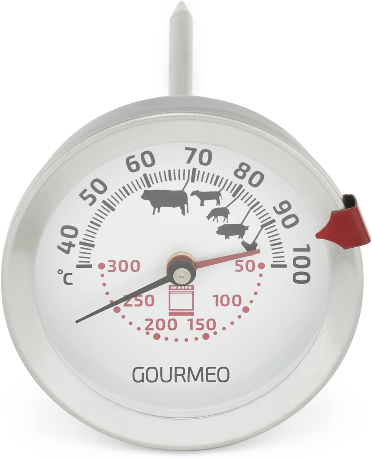 GOURMEO2-in1 Meat Thermometer - Stainless Steel Gauge for Fan Gas or Electric Ovens - for Meats and In Oven Temperature - Analogue 100 Degree Celsius Display