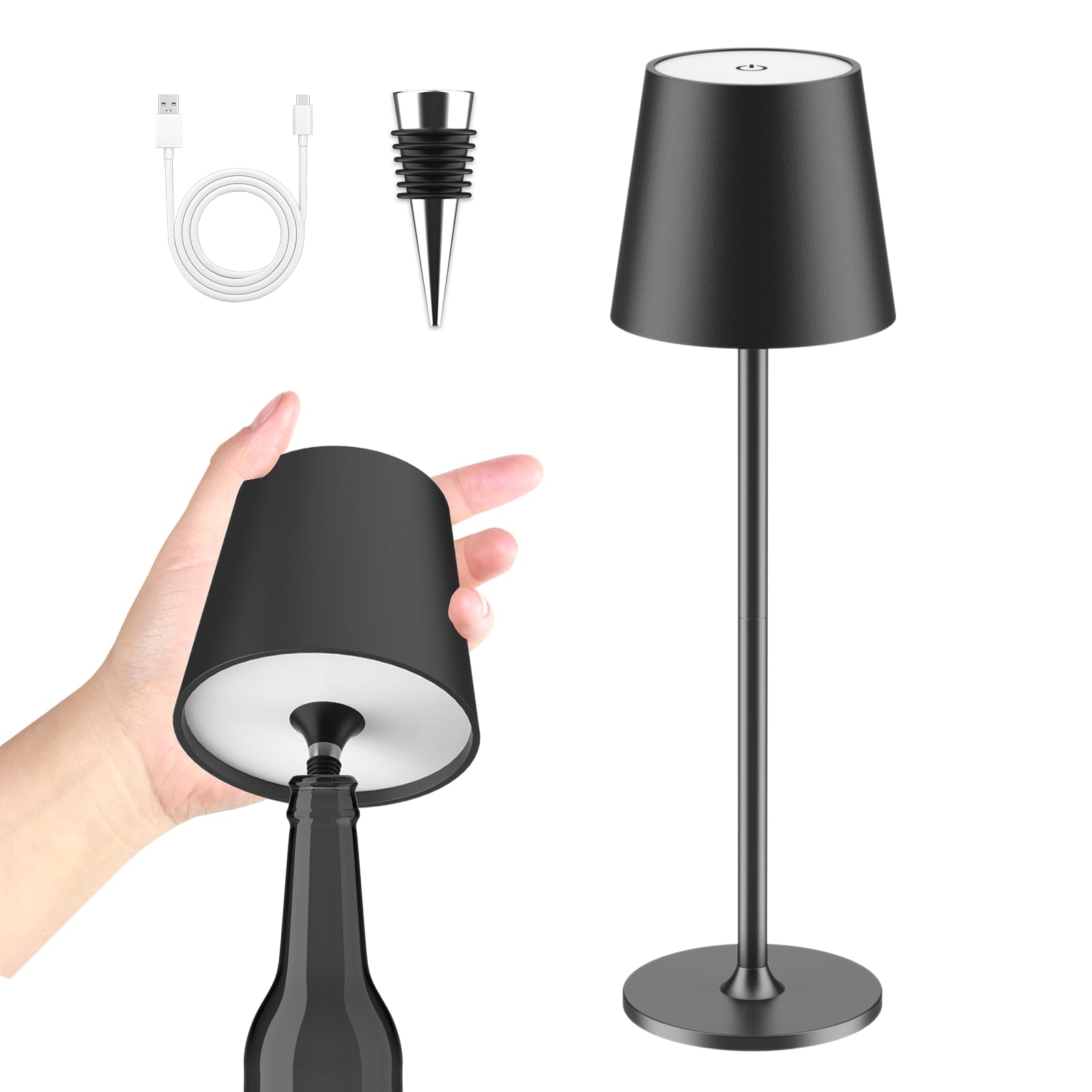 LUCKEA Lampara de Mesa LED Inalámbrica Lámpara de Mesa bateria Recargable con Tapón de Vino y USB-C, Lamparas Mesita Regulable para Restaurante, Dormitorio, Camping, Salon, Negro